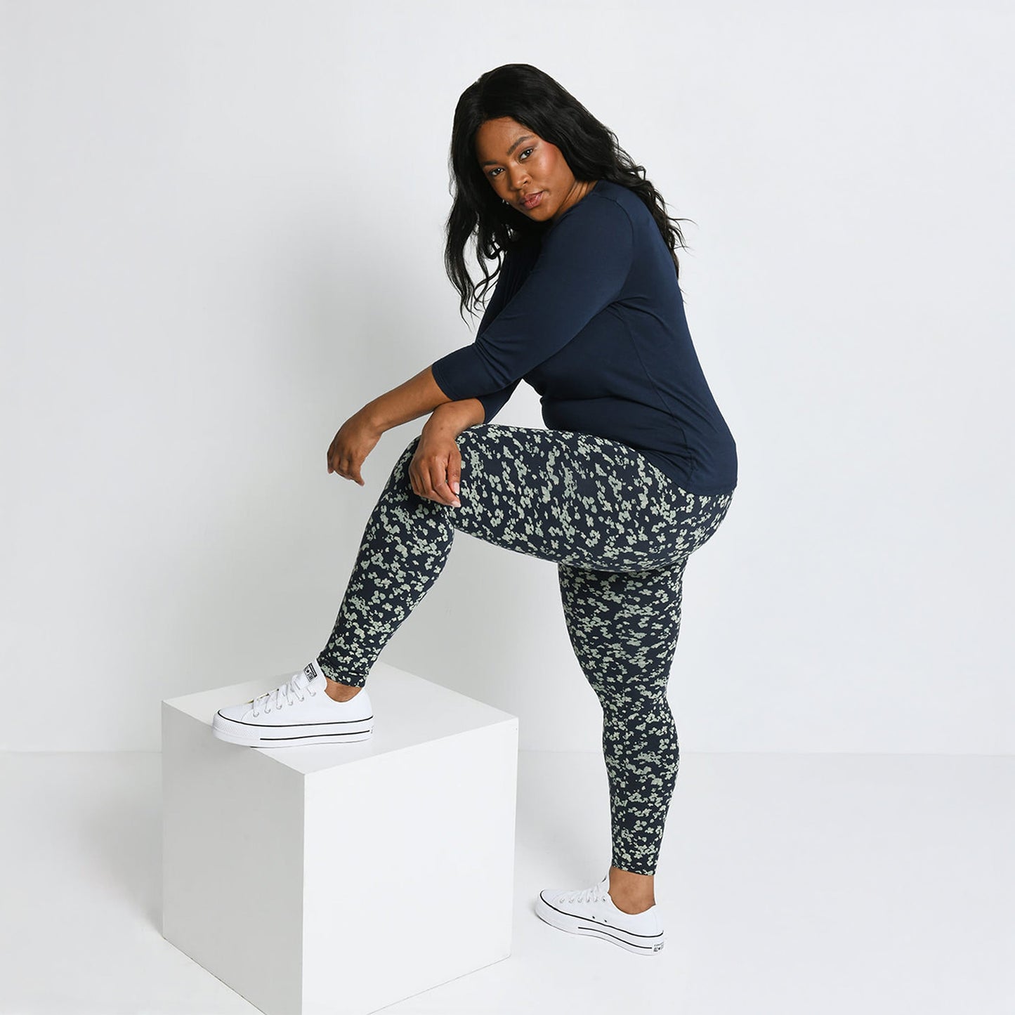 Curve Everyday High Waisted Leggings - Navy/Green Floral