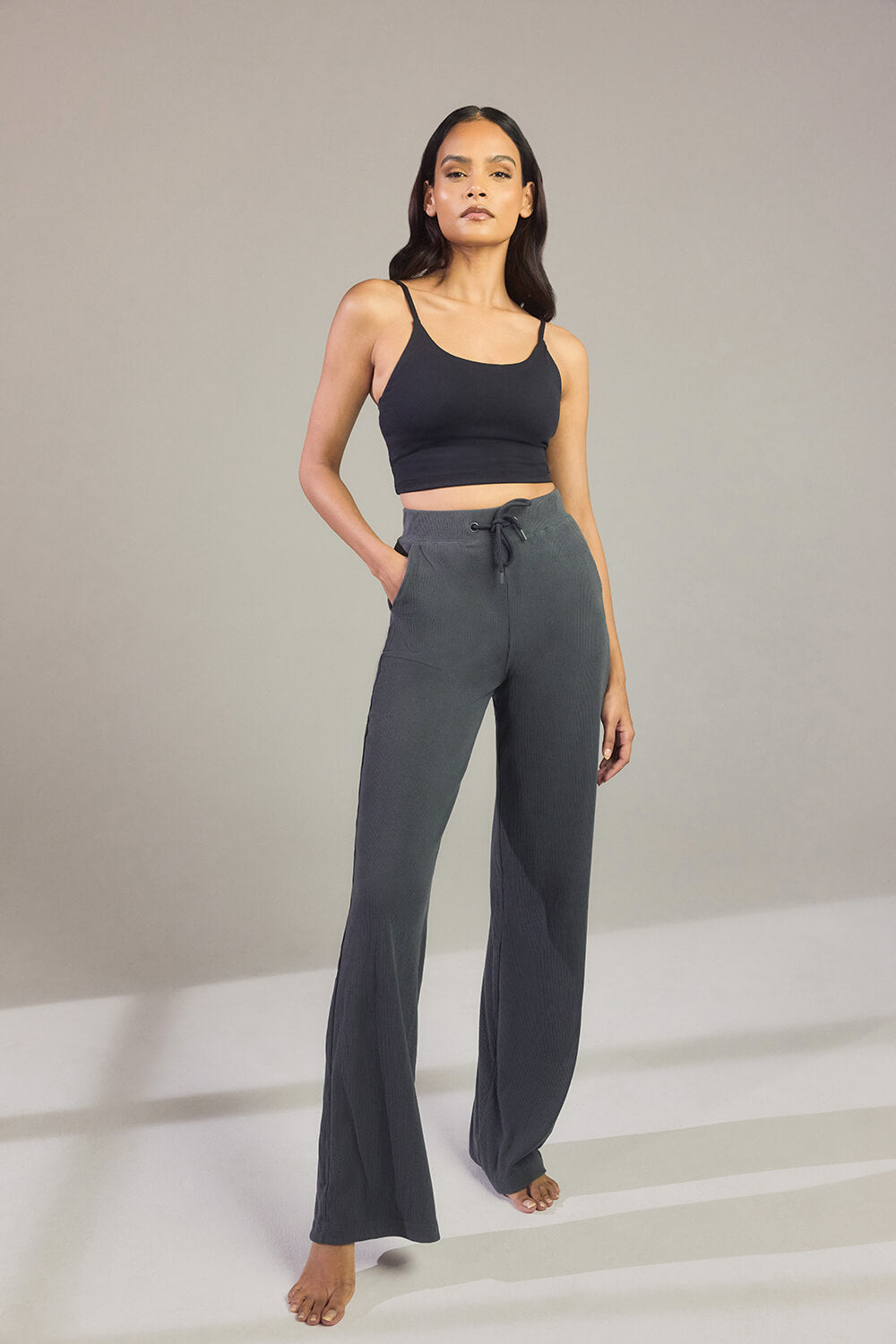 Ribbed Wide Leg Trousers - Grey