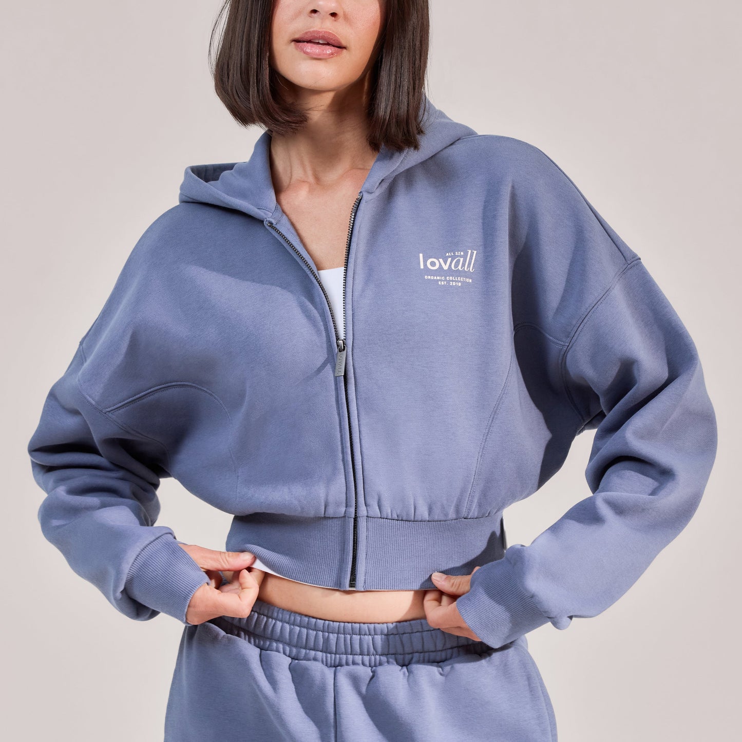 Organic Crop Zip Hoodie - Ice Blue