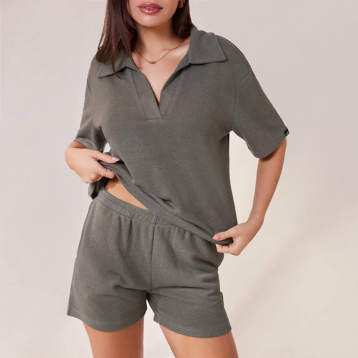 Lightweight Collared Knit Set - Slate Green
