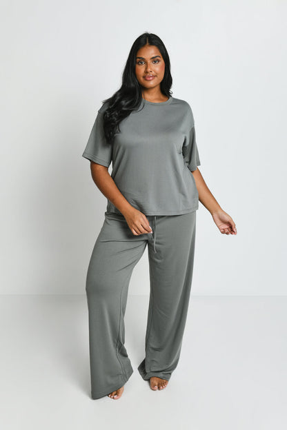 Curve Soft Touch Wide Leg Lounge Set - Sage Green