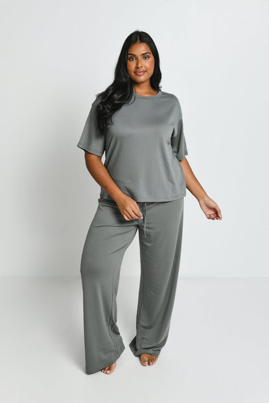 Curve Soft Touch Wide Leg Lounge Set - Sage Green