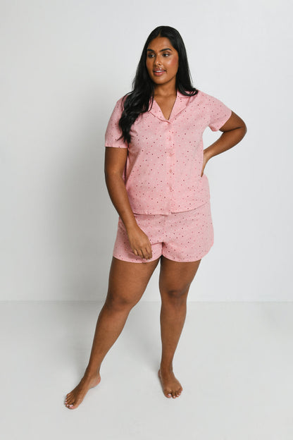 Curve Pure Cotton Button Up Short Pyjama Set - Pink Dot
