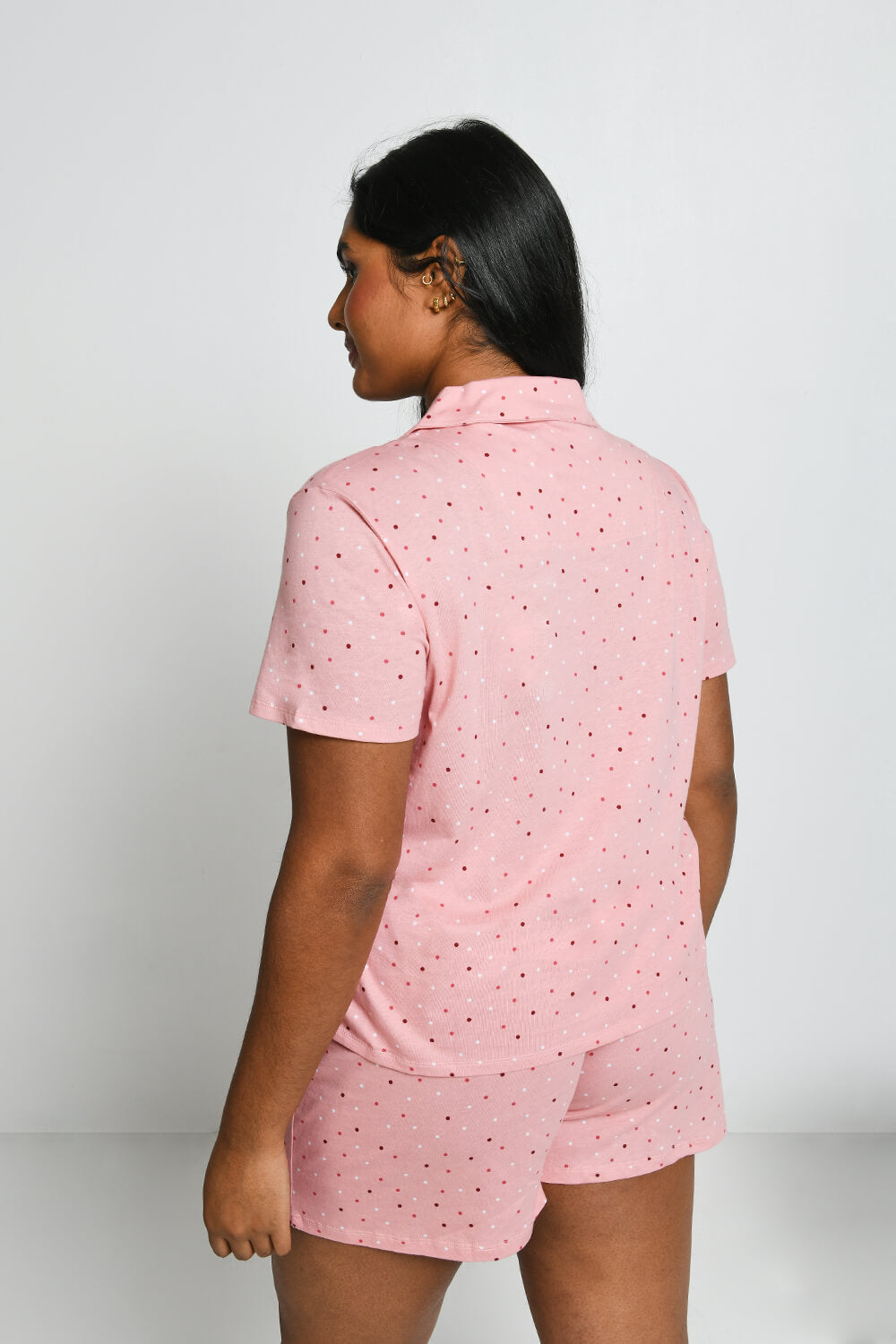 Curve Pure Cotton Button Up Short Pyjama Set - Pink Dot