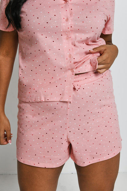 Curve Pure Cotton Button Up Short Pyjama Set - Pink Dot