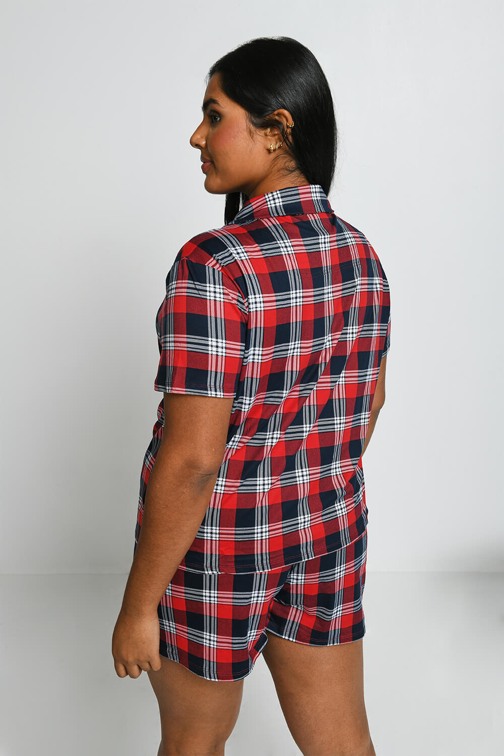 Curve Soft Touch Button Up Short Pyjama Set - Navy & Red Check