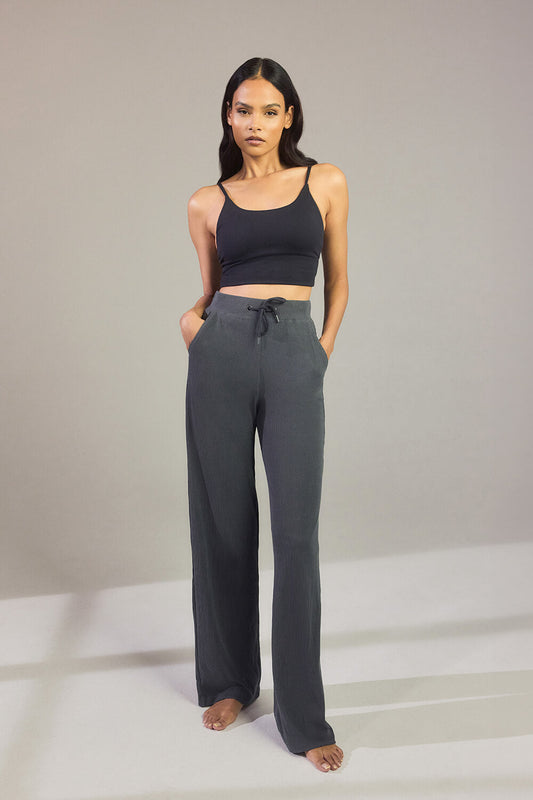 Ribbed Wide Leg Trousers - Grey