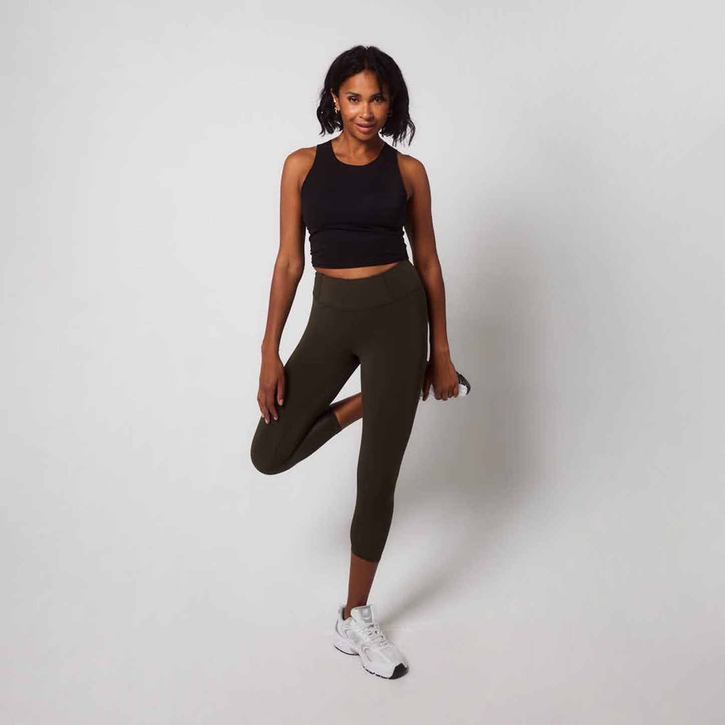 Focus Cropped High Waisted Sports Leggings - Olive Green