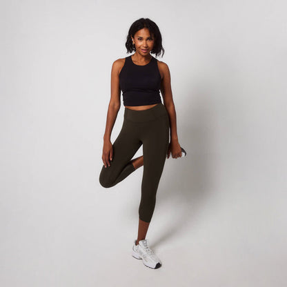 Focus Cropped High Waisted Sports Leggings - Olive Green
