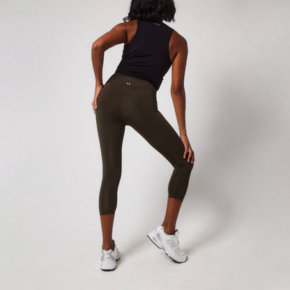 Focus Cropped High Waisted Sports Leggings - Olive Green
