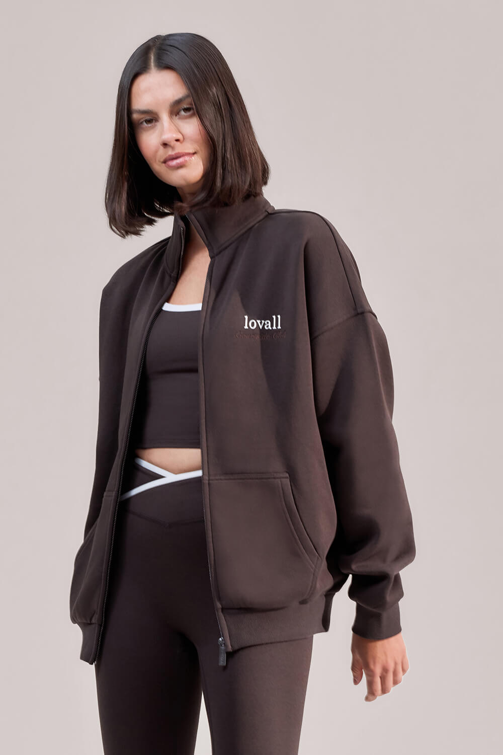 Organic Funnel Neck Zip Through - Black Coffee