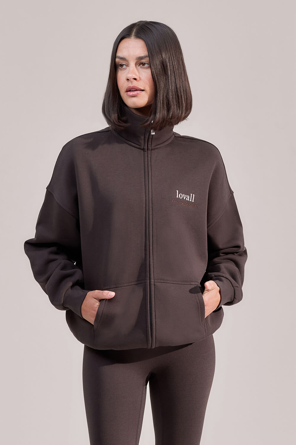 Organic Funnel Neck Zip Through - Black Coffee