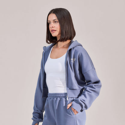Organic Crop Zip Hoodie - Ice Blue