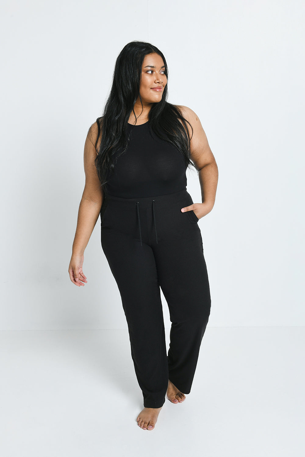 Curve Ribbed Wide Leg Trousers - Black