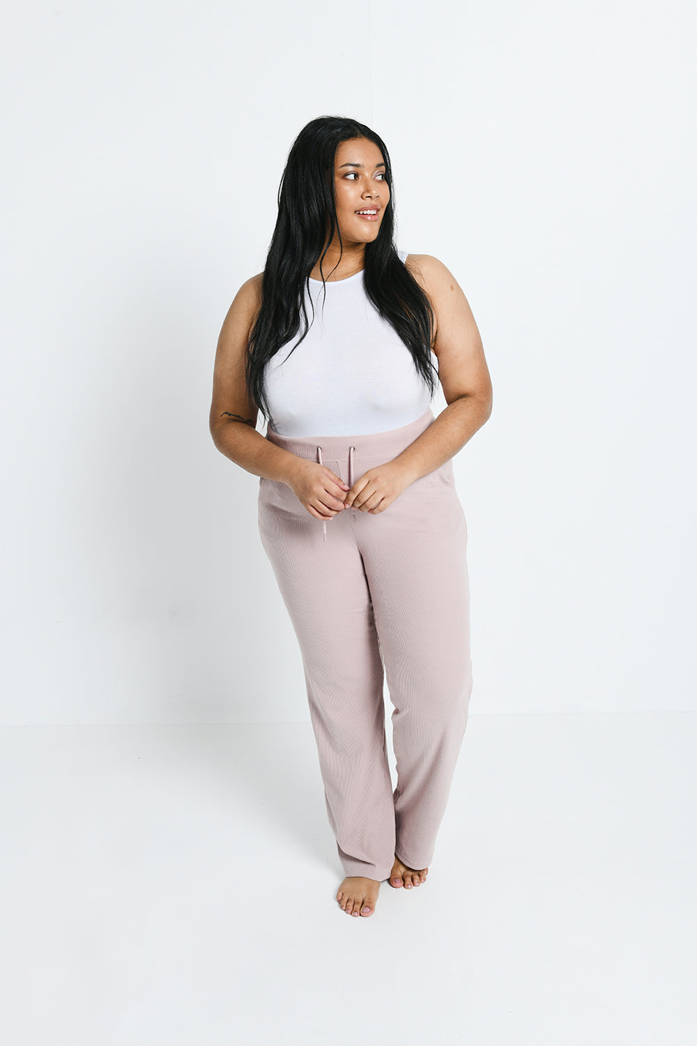 Curve Ribbed Wide Leg Trousers - Pink