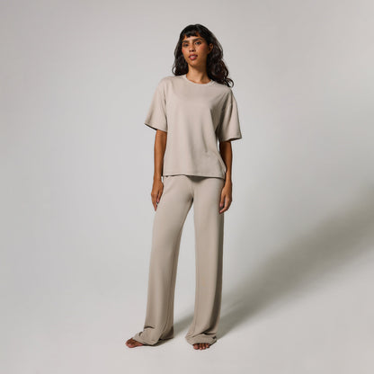Soft Touch Wide Leg Lounge Set - Oatmeal Beige