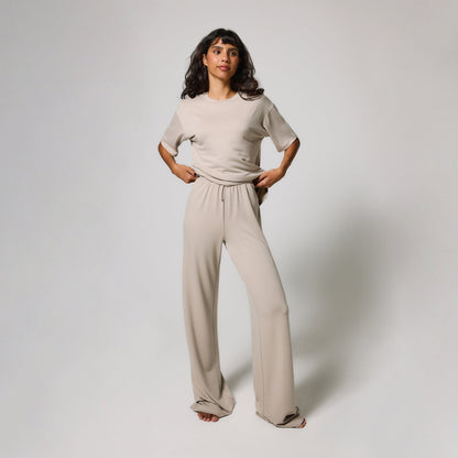 Curve Soft Touch Wide Leg Lounge Set - Oatmeal Beige