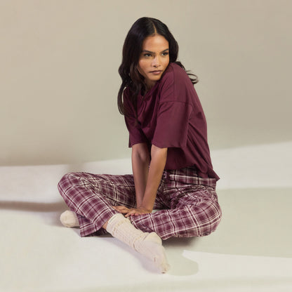 Curve Pure Cotton Pyjama Set - Burgundy Check