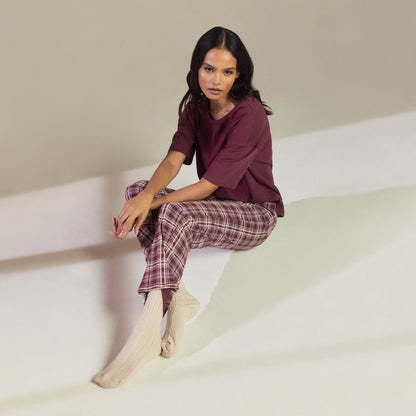 Curve Pure Cotton Pyjama Set - Burgundy Check