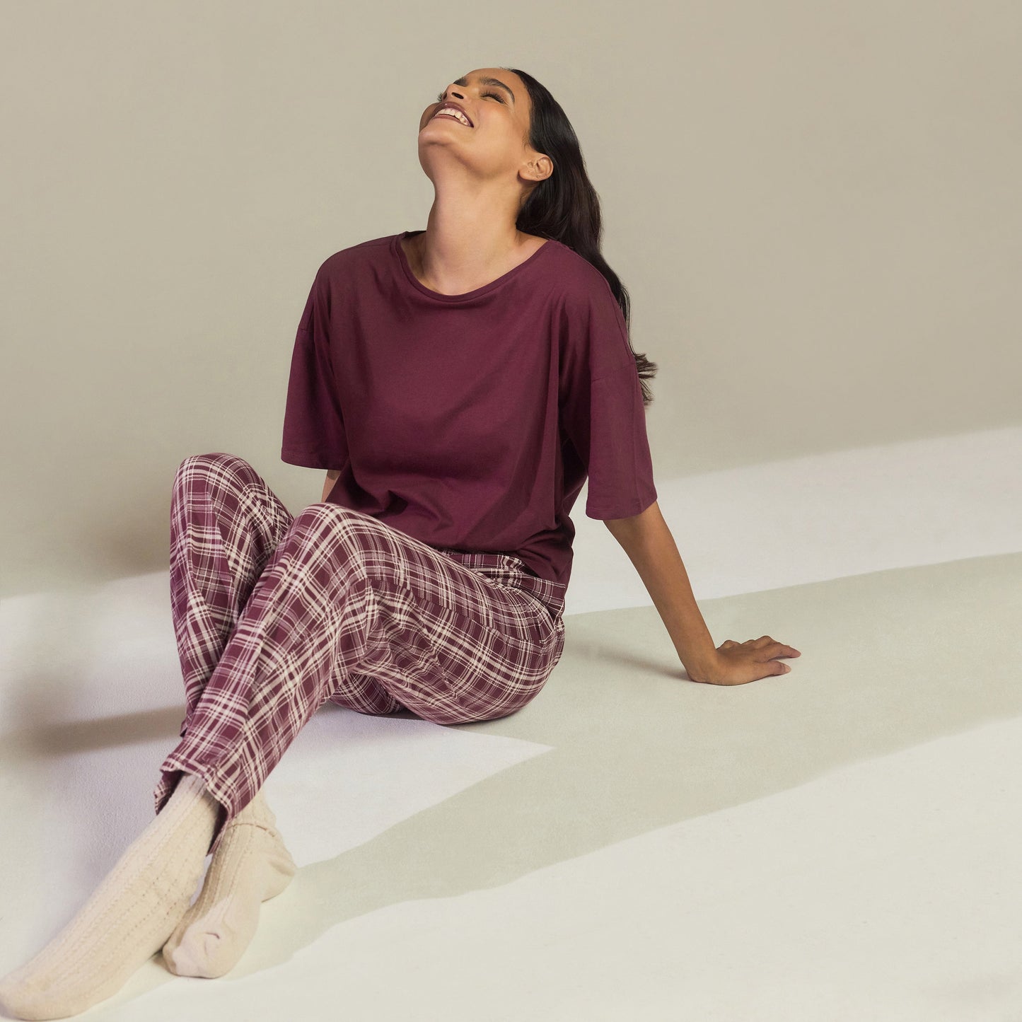 Curve Pure Cotton Pyjama Set - Burgundy Check