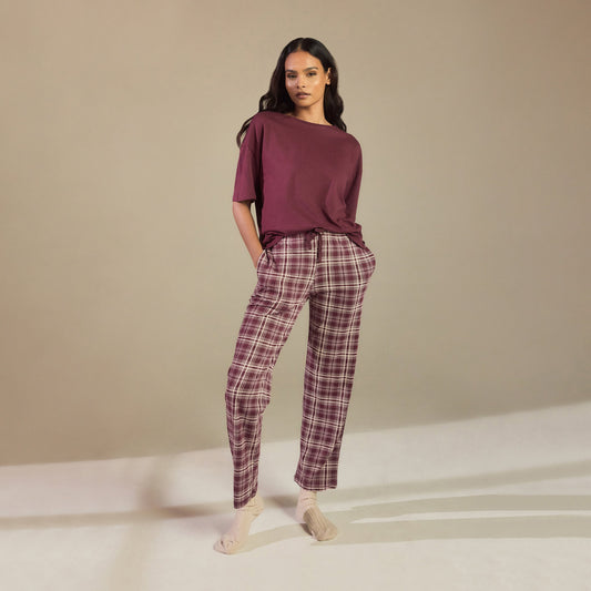 Curve Pure Cotton Pyjama Set - Burgundy Check