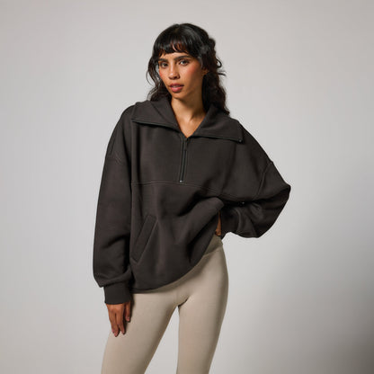 Organic Oversized 1/4 Zip Sweatshirt - Black Coffee