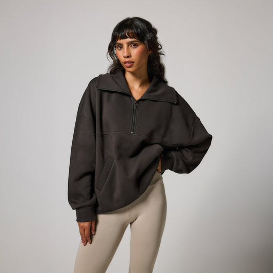 Organic Oversized 1/4 Zip Sweatshirt - Black Coffee