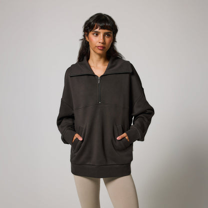 Organic Oversized 1/4 Zip Sweatshirt - Black Coffee