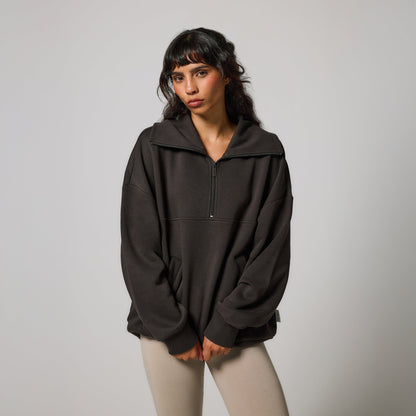 Organic Oversized 1/4 Zip Sweatshirt - Black Coffee