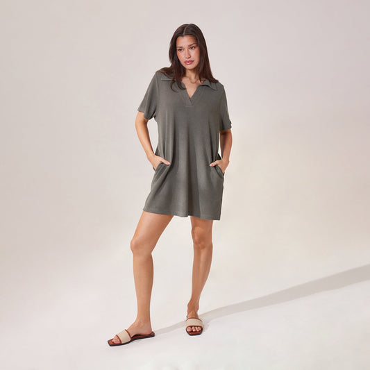 Lightweight Collared Knit Dress - Slate Green
