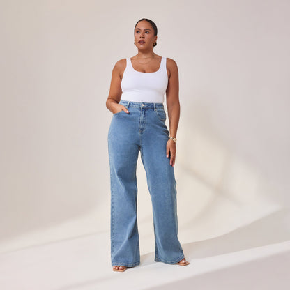 Curve Wide Leg Jeans - Mid Blue